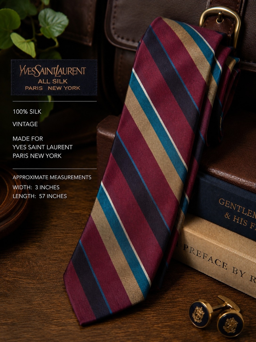 Vintage Yves Saint Laurent Silk Tie Burgundy Teal Gold Stripe Designer Necktie